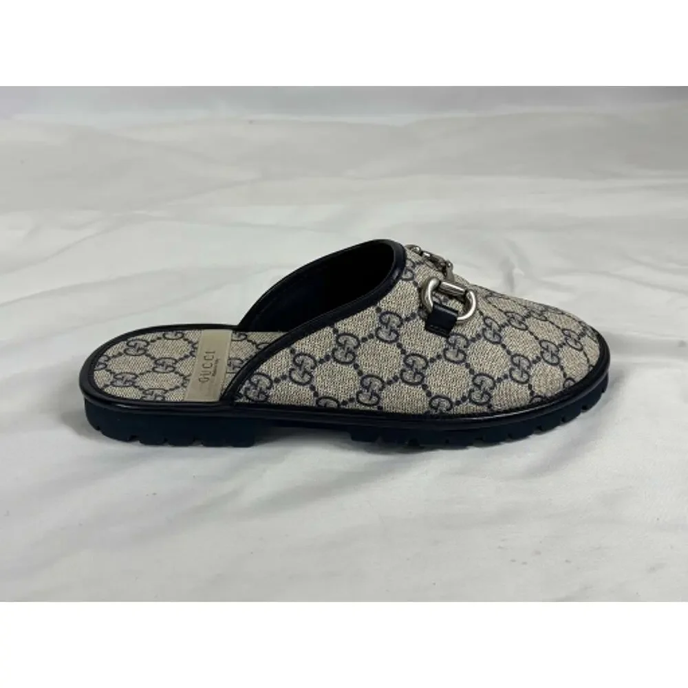 GUCCI Mule Slippers GG Navy Monogram & Silver tone Horsebit Size 5 SPB JA-368398